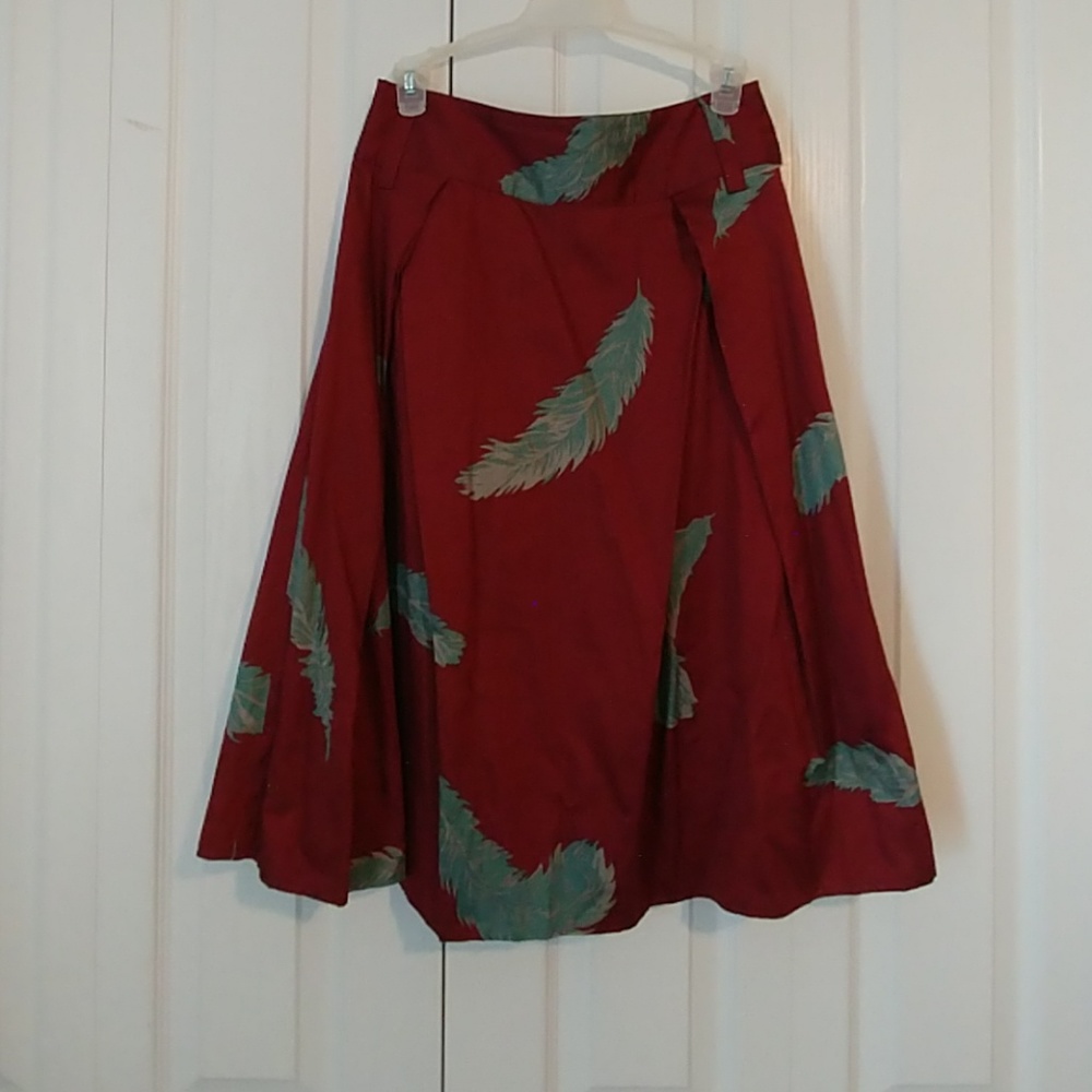 Marc Jacobs Red Midi Skirt with Teal Feather Print